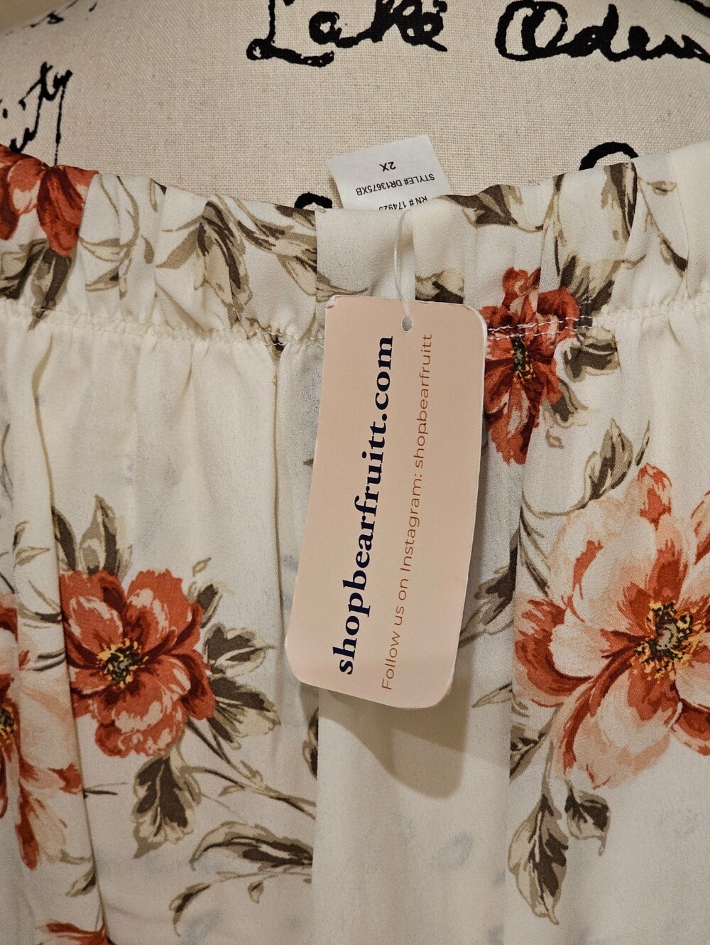 Bear Fruitt Off-Shoulder Floral Mini Dress in Cream with Rust Floral Print - Picture 7 of 7